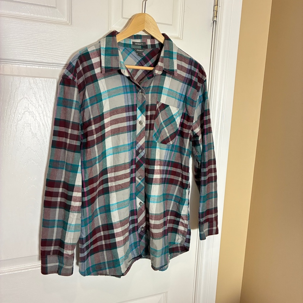 Eddie Bauer Boyfriend Fit Plaid Flannel Shirt 100% Cotton Women’s Large